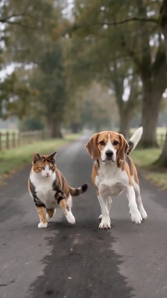 A beagle and a cat step out
