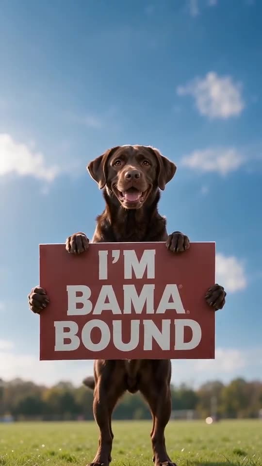 A Labrador holds the sign