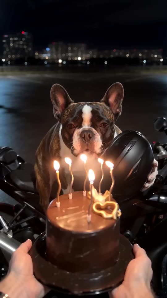 Still from a sample video: a French bulldog behind a chocolate cake with lit candles and a black helmet at its side