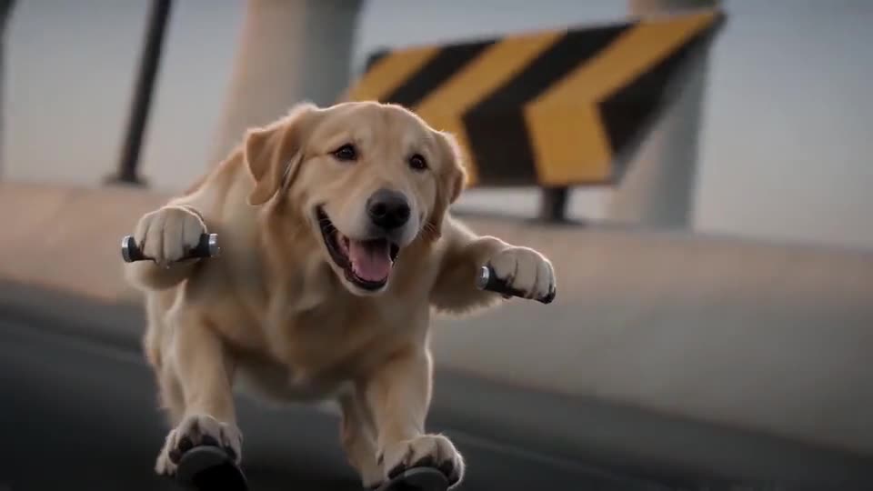 Still from the template: a golden retriever in mid-air with its tongue out and front paws reaching ahead as if on handlebars, a yellow-and-black warning board and an elevated highway behind it