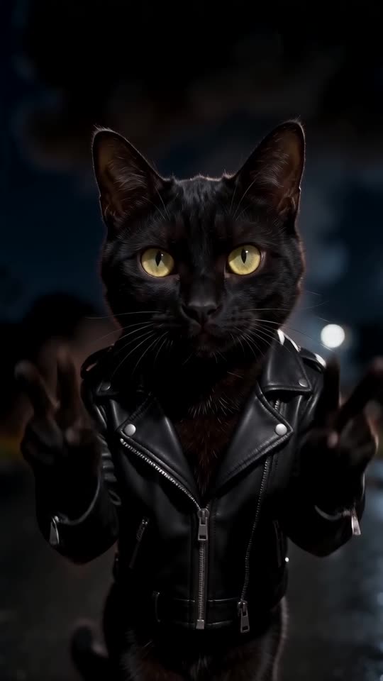 Still from a sample video: a black cat in a leather jacket walking upright down a night road with flames behind it