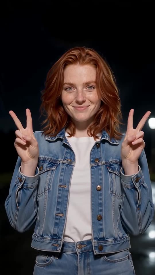 Still from a sample video: a red-haired woman in a denim jacket on a night road with a fireball behind her