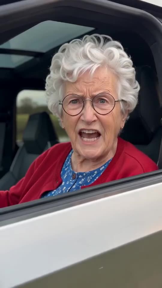 Example frame: a grandmother in a red cardigan leaning out of a steel electric truck beside a pond with a stern look