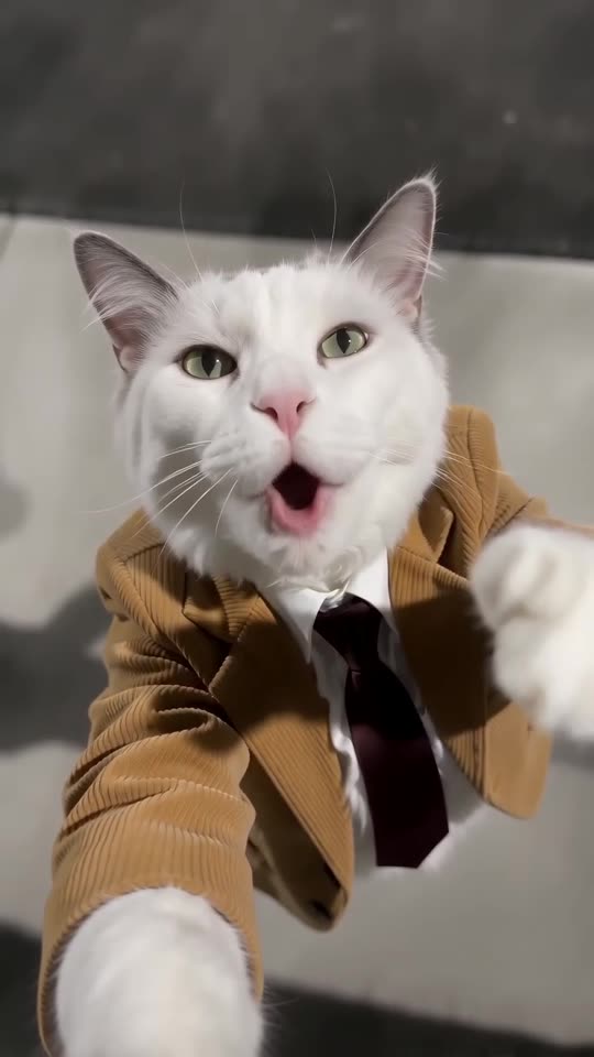 Example frame: a grey and white cat in a mustard suit and burgundy tie sings into a phone held low, with a lit tennis court behind it