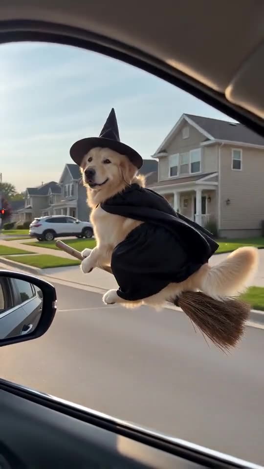 Example frame: a dog in a tiny witch hat riding close to a car window, a STOP sign beside it