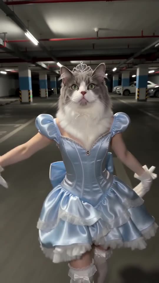 Example frame: a grey and white cat wearing a sparkly blue gown and a small tiara struts upright across a concrete car park