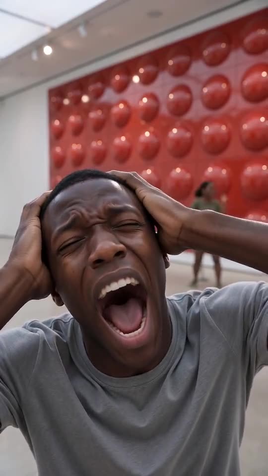 Example frame from an AI video: a man clutches his head and screams at the lens while a woman dances behind him in front of a red gallery wall