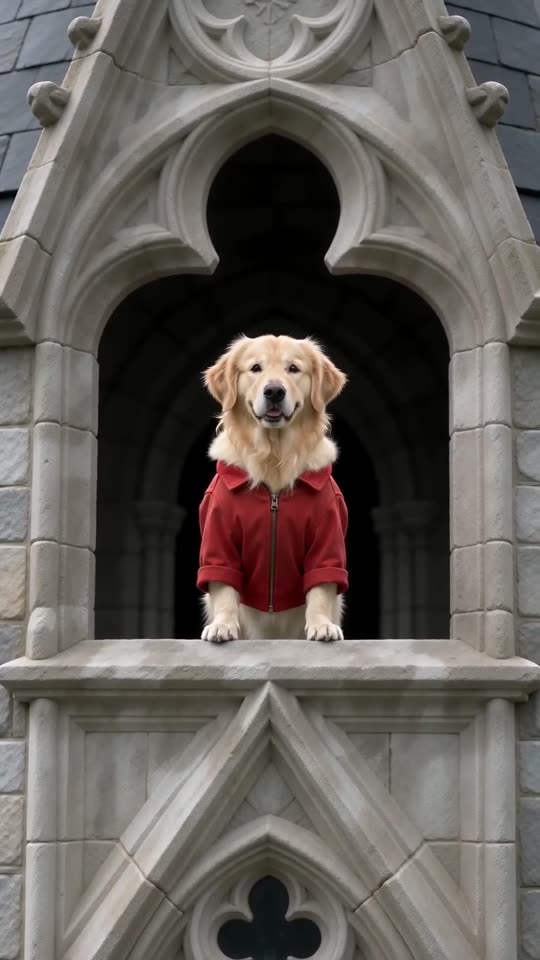 Example frame: a golden retriever sitting calmly among grey stones in a green valley