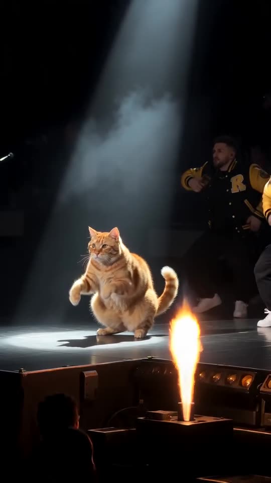Still from a sample video: a tabby cat on its hind legs ahead of a line of dancers in yellow jackets