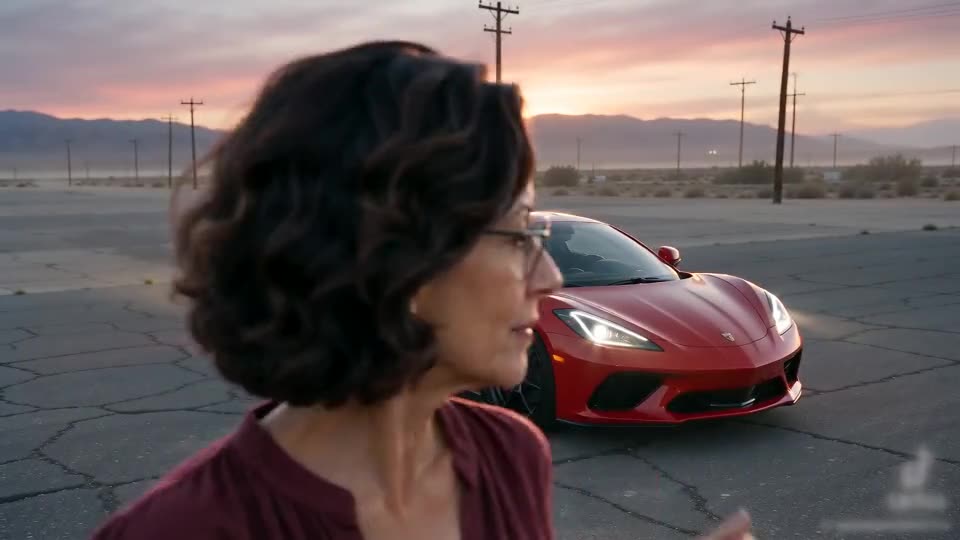 Example frame: a woman with dark wavy hair and glasses looking back at a red sports car parked on an empty cracked lot at sunset
