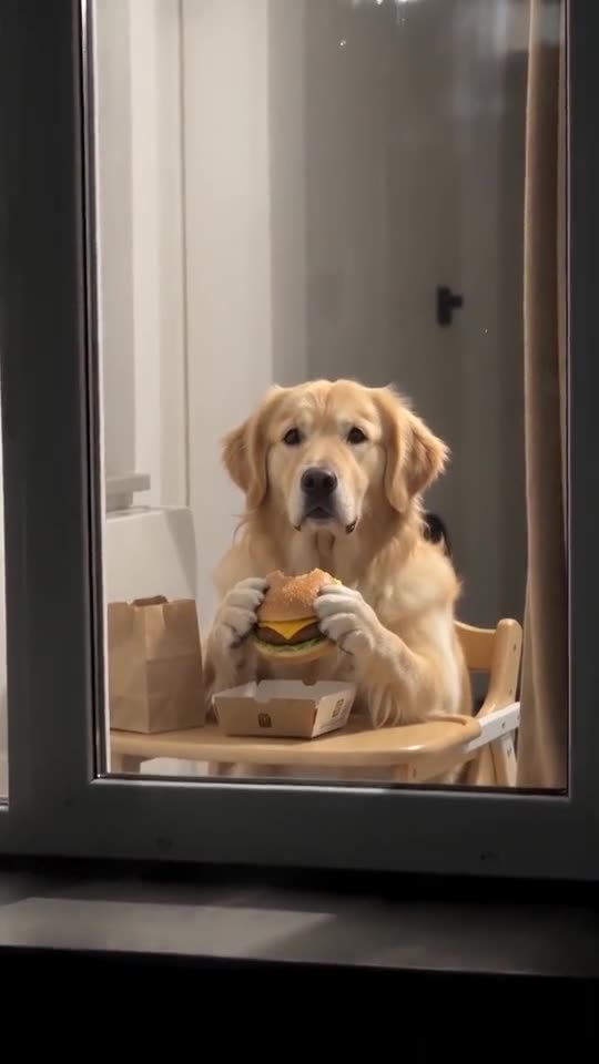 Still from a sample video: a golden retriever holding a burger behind a lit kitchen window