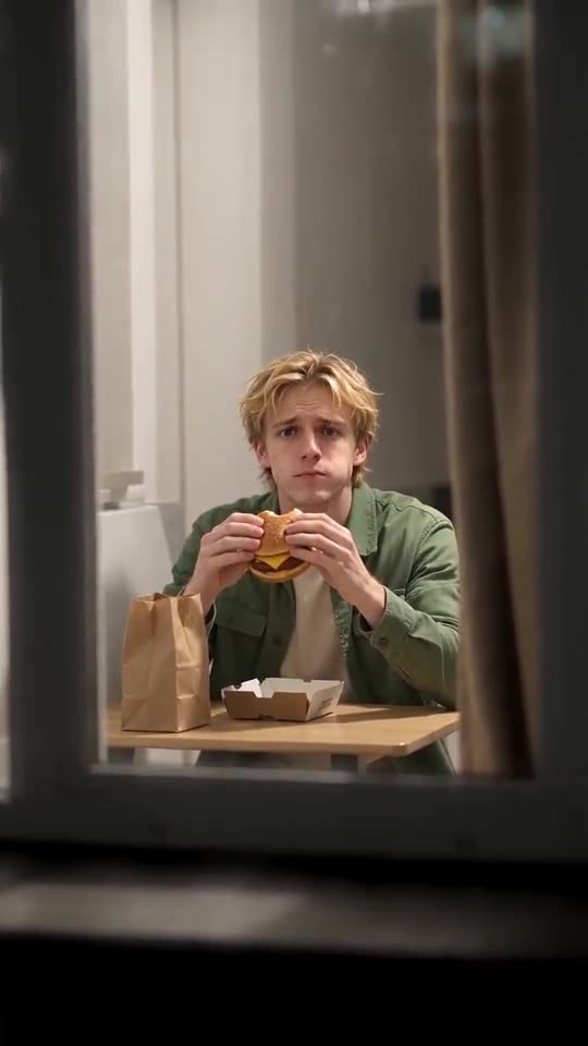 Still from a sample video: a young man in a green jacket with a burger behind a lit window