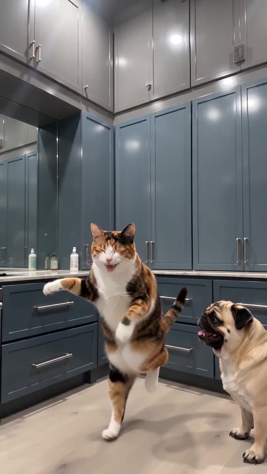A pug and a calico cat